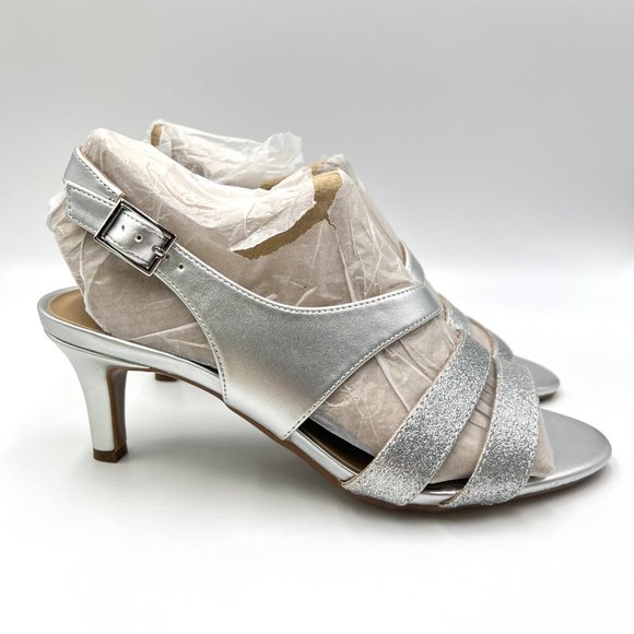 Naturalizer Size 7.5 Silver Metallic Glitter Strappy Dress Sandals Heels Shoes - Picture 1 of 12